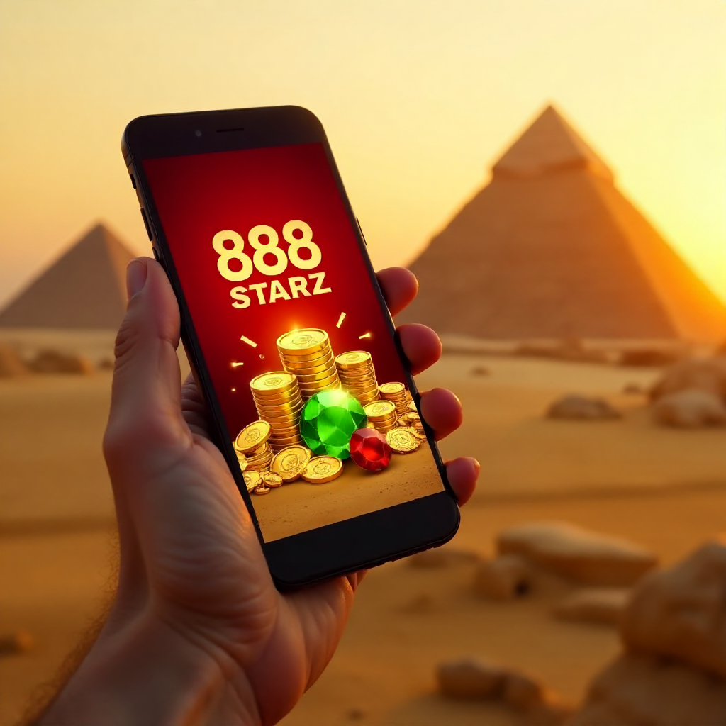 A hand holding a high-end smartphone displaying 888starz app, background featuring the Great Pyramids of Giza during a golden sunset, official red and white brand colors, 3D golden coins and emerald gems flying out of the screen, cinematic lighting, 8k.